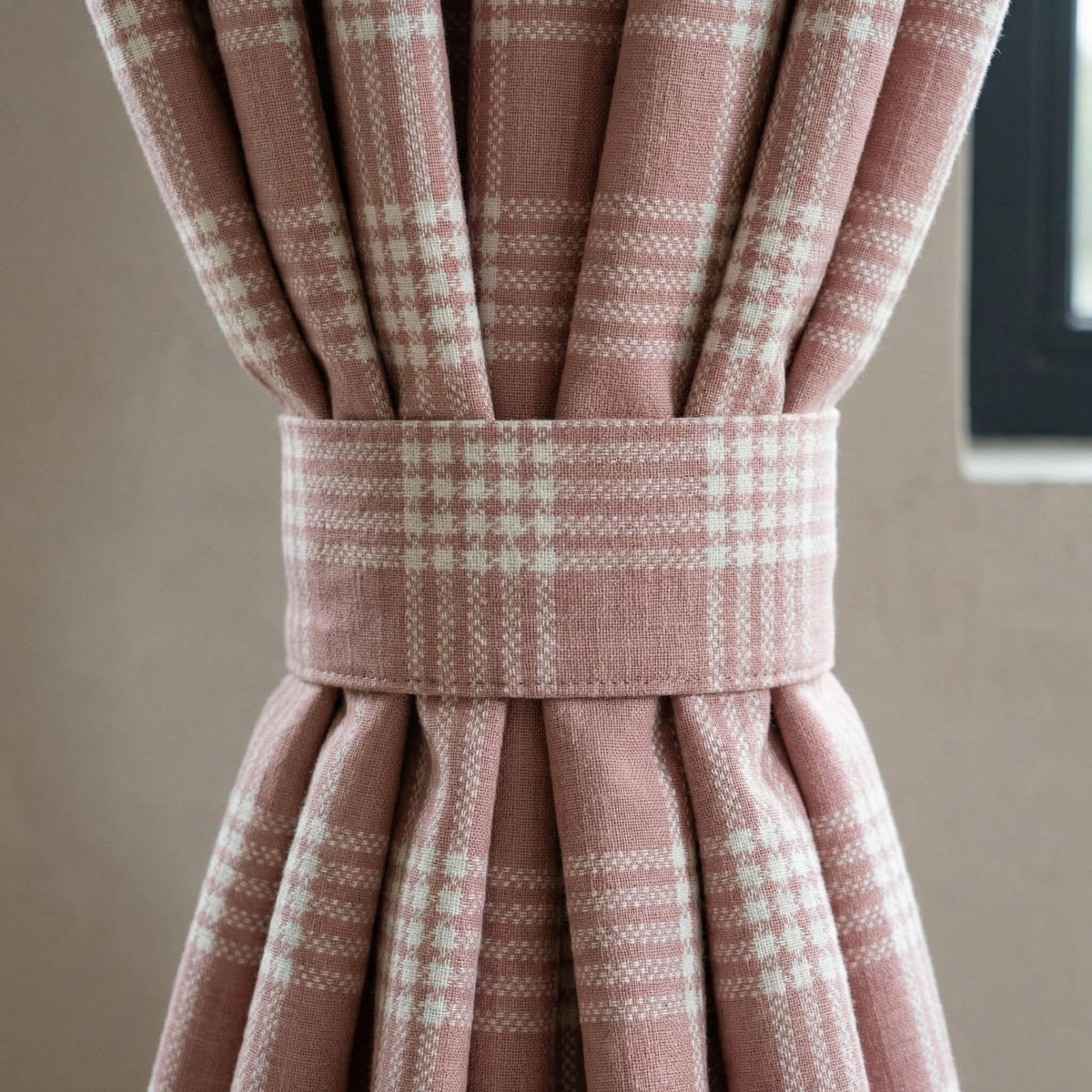 Blush Pink Plaid Linen Curtains, Farmhouse Windowpane Check Panels — image 4