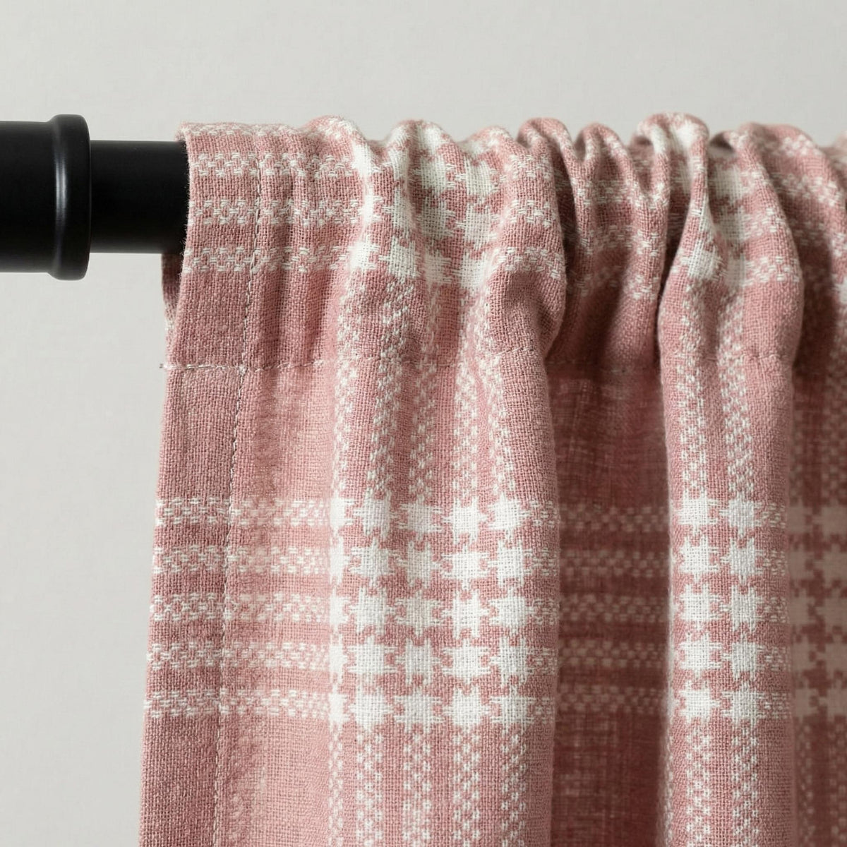 Blush Pink Plaid Linen Curtains, Farmhouse Windowpane Check Panels — image 6