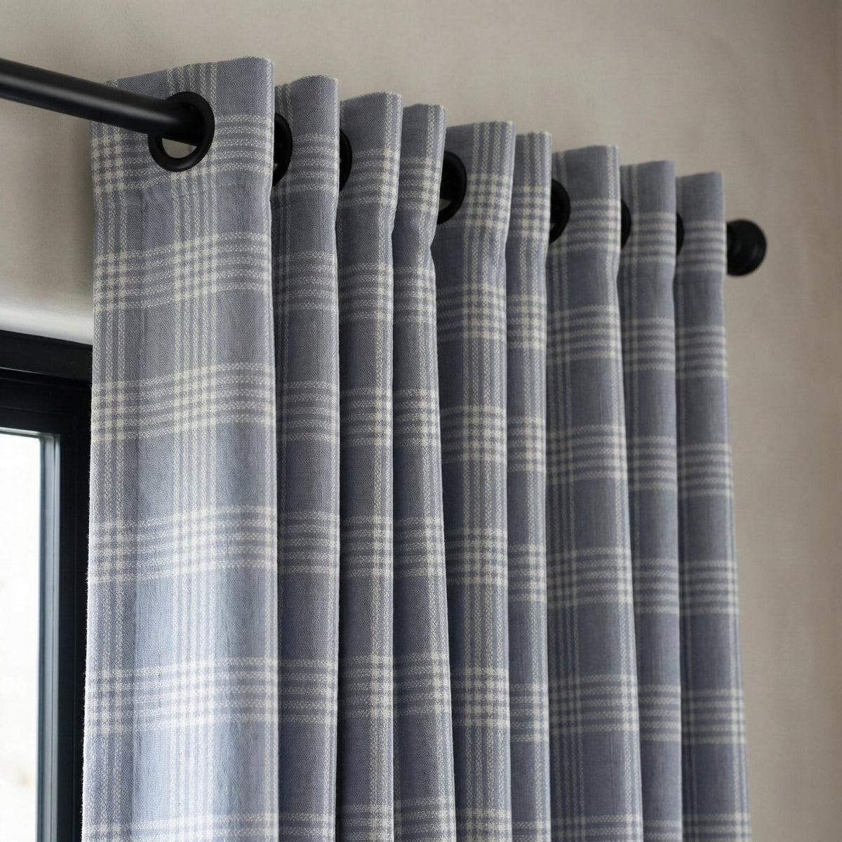 Dusty Blue Plaid Linen Curtain, Ivory Windowpane Check, Custom Size — image 2