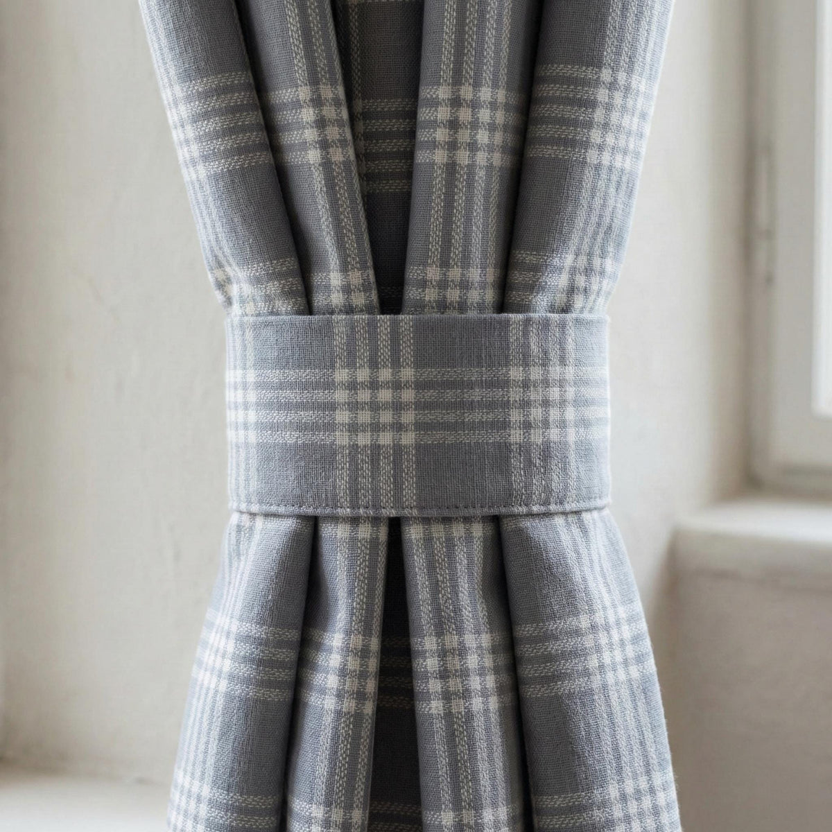 Dusty Blue Plaid Linen Curtain, Ivory Windowpane Check, Custom Size — image 3