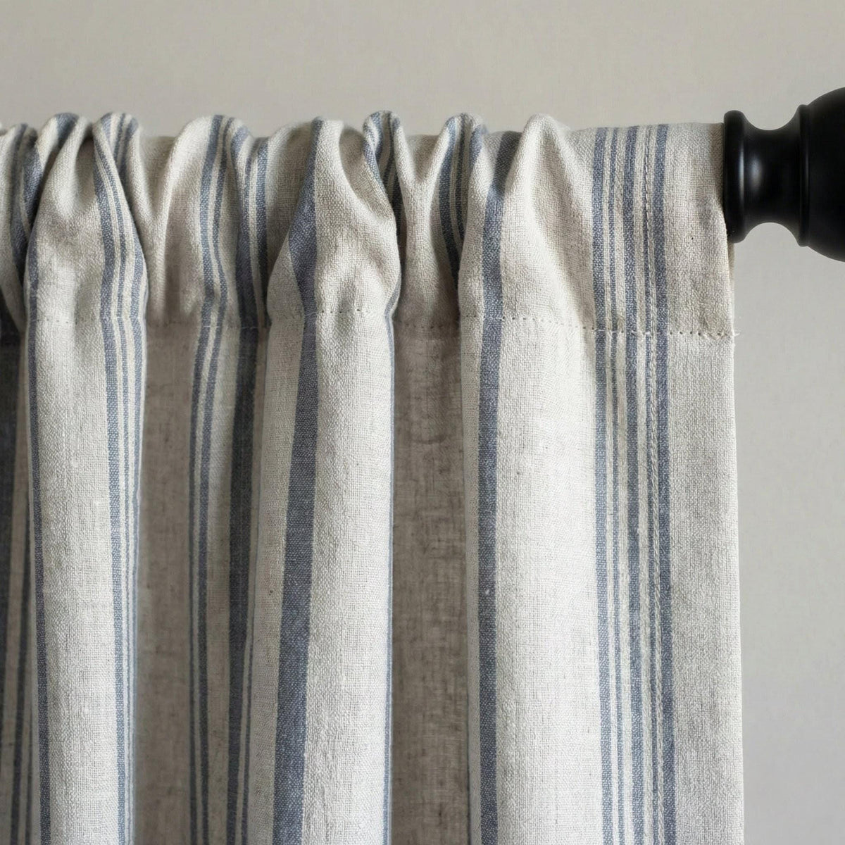 Blue Stripe Organic Linen Curtains, Natural Ivory Ticking Stripe Farmhouse Panels, Cotton Lined or Blackout, Custom Sizes — image 2