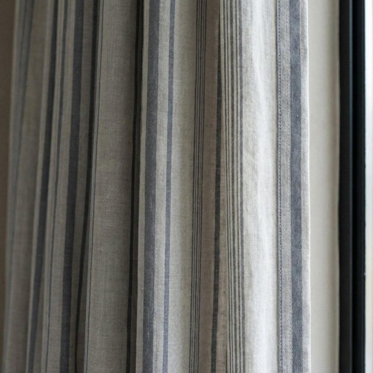 Blue Stripe Organic Linen Curtains, Natural Ivory Ticking Stripe Farmhouse Panels, Cotton Lined or Blackout, Custom Sizes — image 3