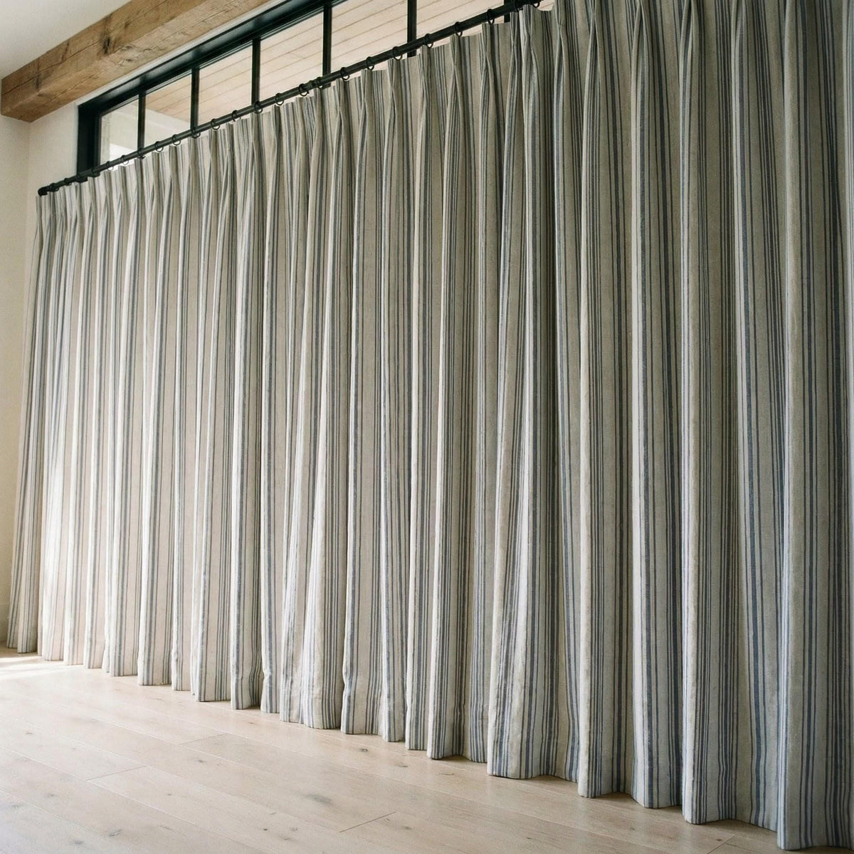 Blue Stripe Organic Linen Curtains, Natural Ivory Ticking Stripe Farmhouse Panels, Cotton Lined or Blackout, Custom Sizes — image 4