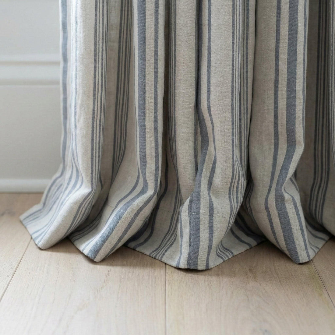 Blue Stripe Organic Linen Curtains, Natural Ivory Ticking Stripe Farmhouse Panels, Cotton Lined or Blackout, Custom Sizes — image 1