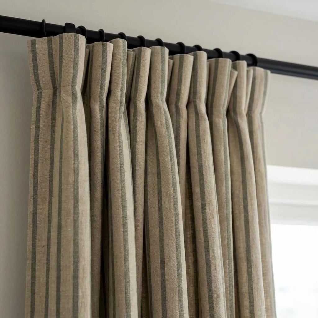Pure Linen Farmhouse Stripe Curtains, Natural Flax & Sage Green Ticking, Custom Size, Unlined/Cotton Lined/OEKO-TEX Blackout — image 1