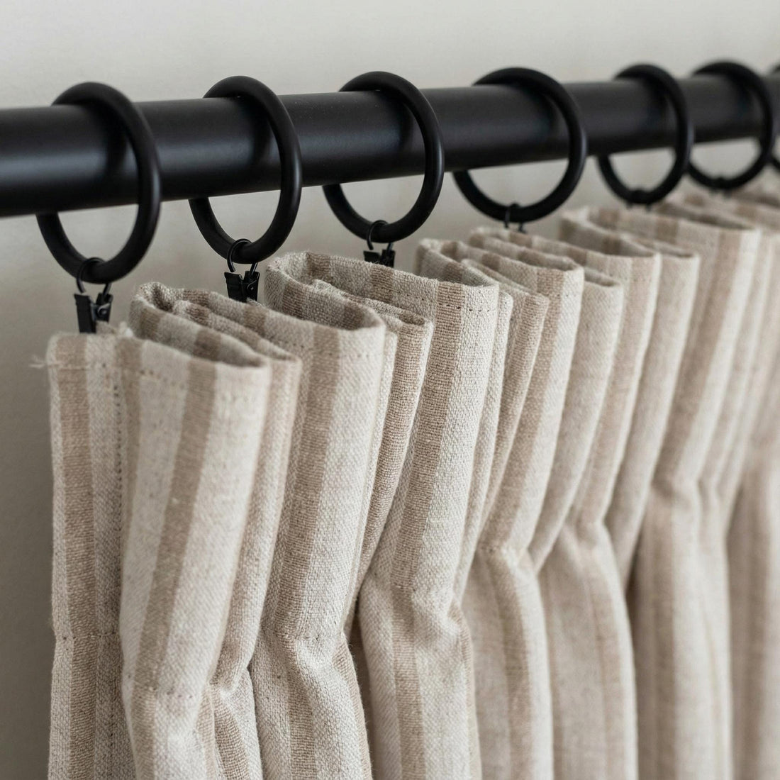 Pure Linen Farmhouse Ticking Stripe Curtains, Natural Flax & Taupe Beige Stripes, Custom Size, Unlined/Cotton Lined/OEKO-TEX Blackout — image 1