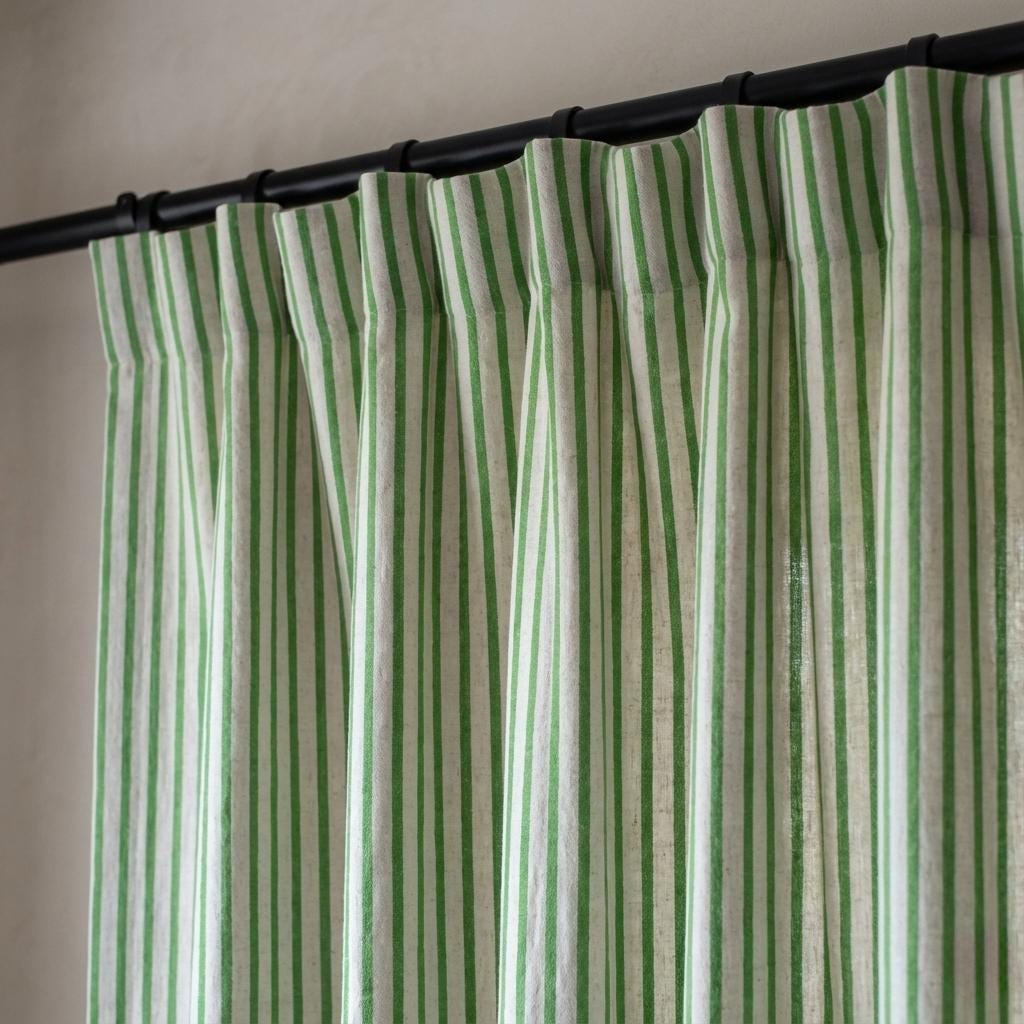 Green Stripe Linen Curtains | Farmhouse Ticking Stripe Drapes | Custom Sizes | Rod Pocket/Back Tab/Grommet/Hooks | Unlined/Cotton/Blackout — image 8