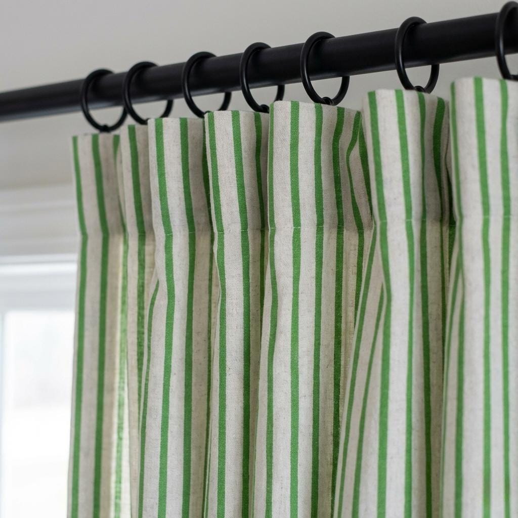 Green Stripe Linen Curtains | Farmhouse Ticking Stripe Drapes | Custom Sizes | Rod Pocket/Back Tab/Grommet/Hooks | Unlined/Cotton/Blackout — image 7