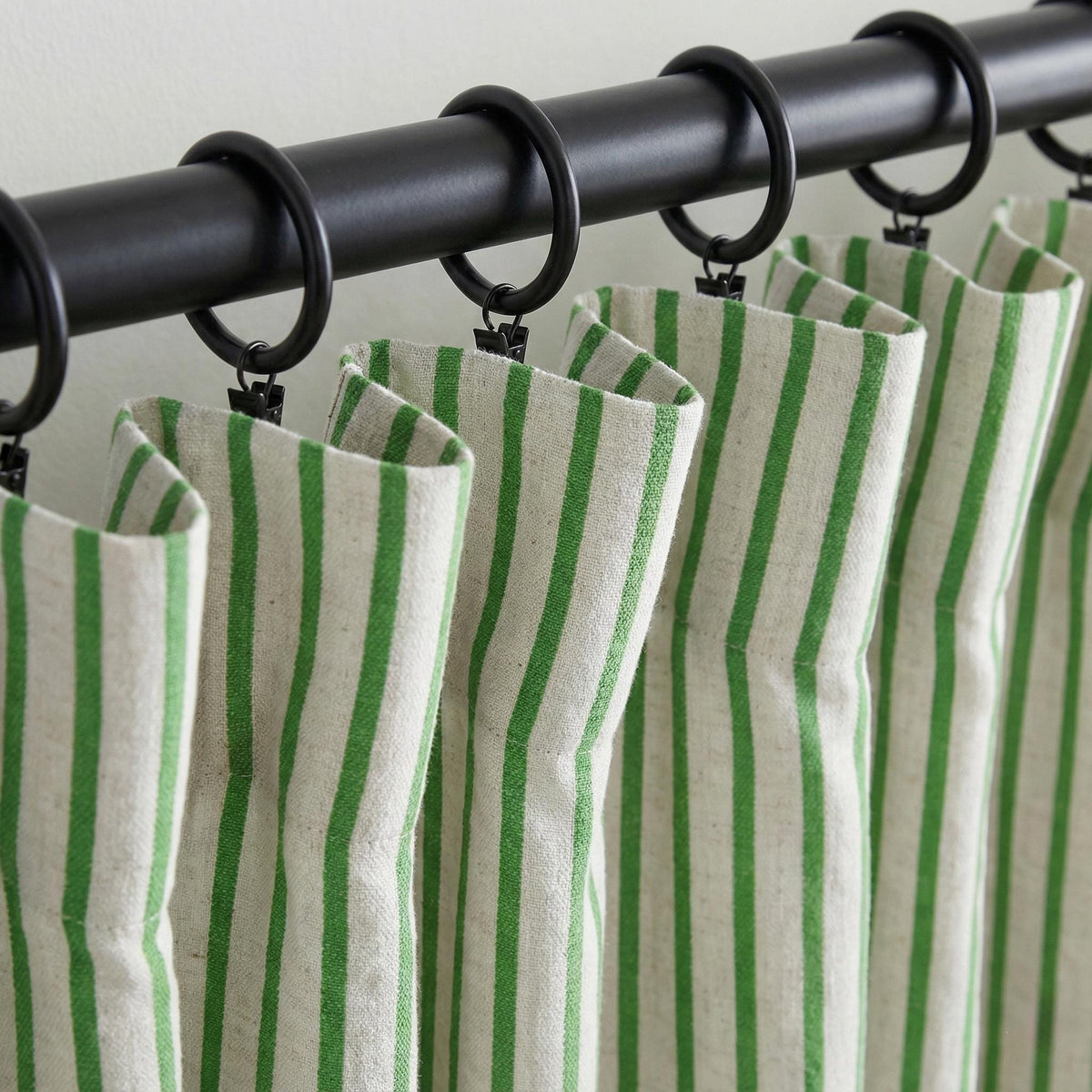 Green Stripe Linen Curtains | Farmhouse Ticking Stripe Drapes | Custom Sizes | Rod Pocket/Back Tab/Grommet/Hooks | Unlined/Cotton/Blackout — image 1