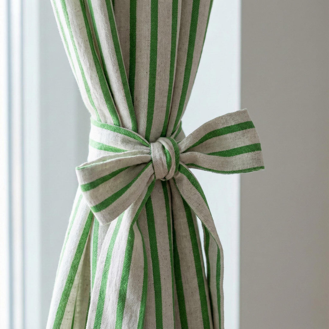 Green Stripe Linen Curtains | Farmhouse Ticking Stripe Drapes | Custom Sizes | Rod Pocket/Back Tab/Grommet/Hooks | Unlined/Cotton/Blackout — image 1