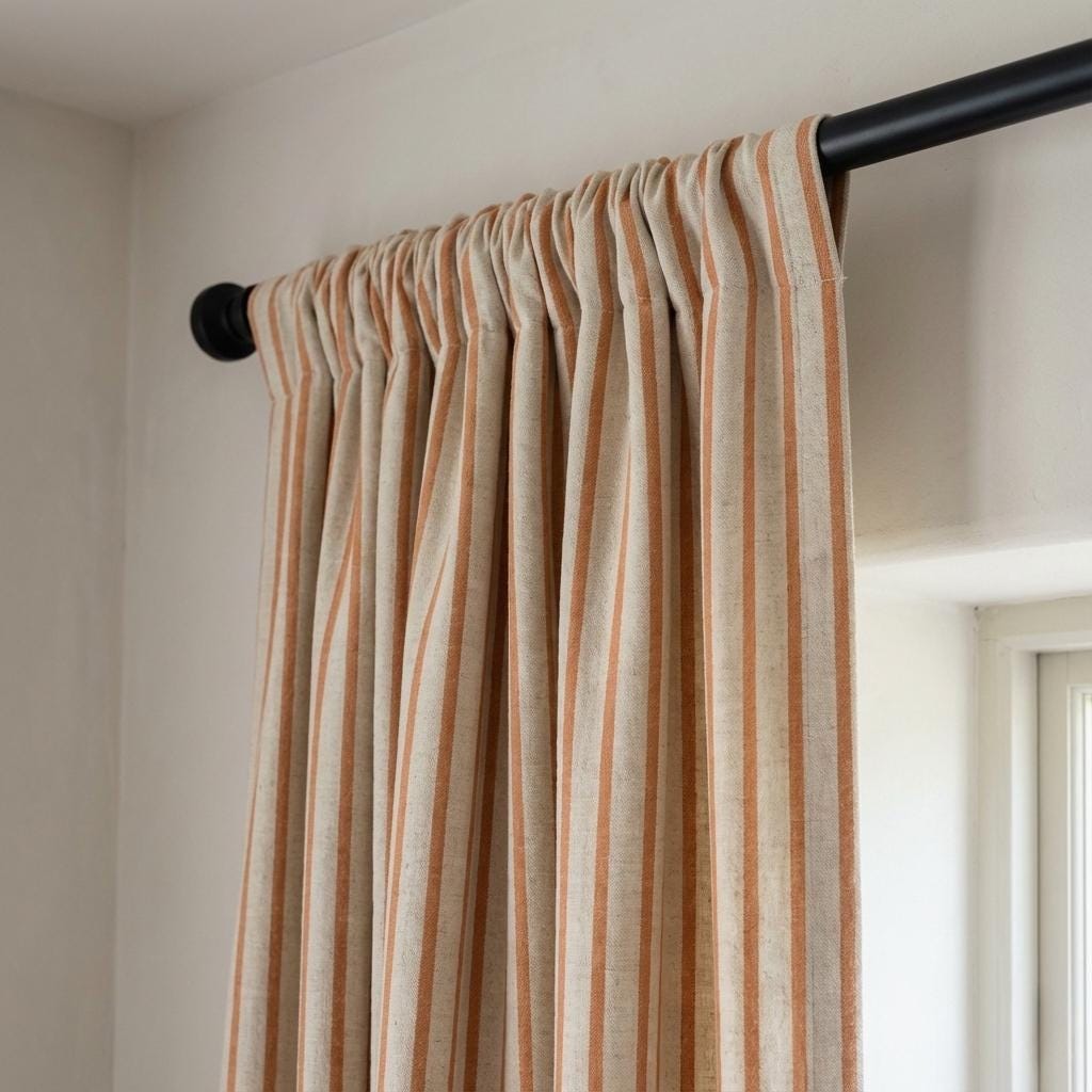 Pure Linen Farmhouse Stripe Curtains, Terracotta Rust on Natural Flax, 50/100" Wide, Custom, Unlined/Lined/Blackout — image 2