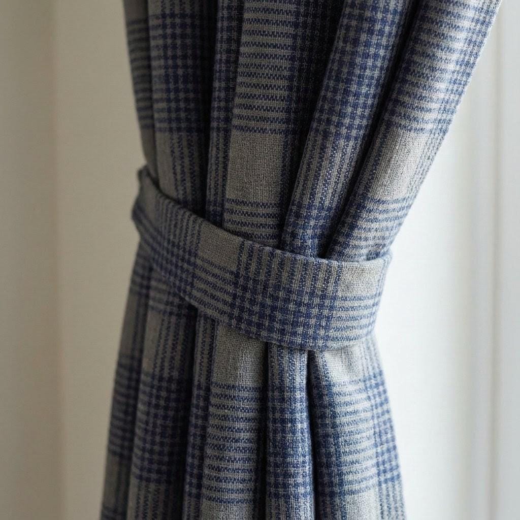 Navy Blue & Grey Plaid Checks Pure Linen Curtains, Farmhouse Window Drapes, Custom Size, Unlined/Cotton Lined/Blackout Option — image 3
