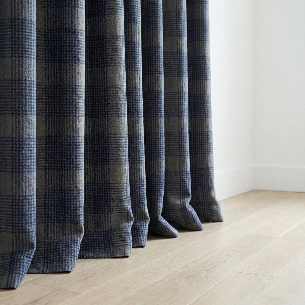 Navy Blue & Grey Plaid Checks Pure Linen Curtains, Farmhouse Window Drapes, Custom Size, Unlined/Cotton Lined/Blackout Option — image 10