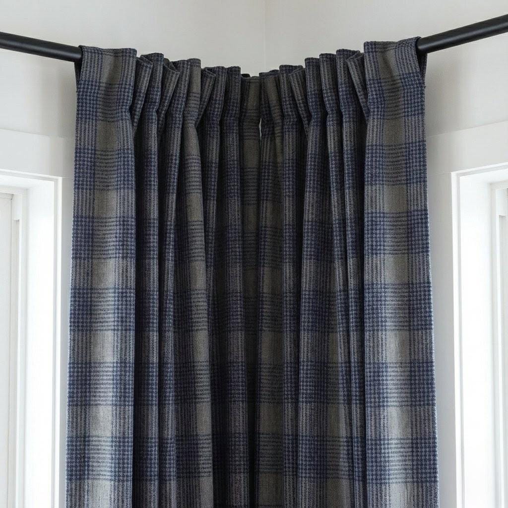 Navy Blue & Grey Plaid Checks Pure Linen Curtains, Farmhouse Window Drapes, Custom Size, Unlined/Cotton Lined/Blackout Option — image 7