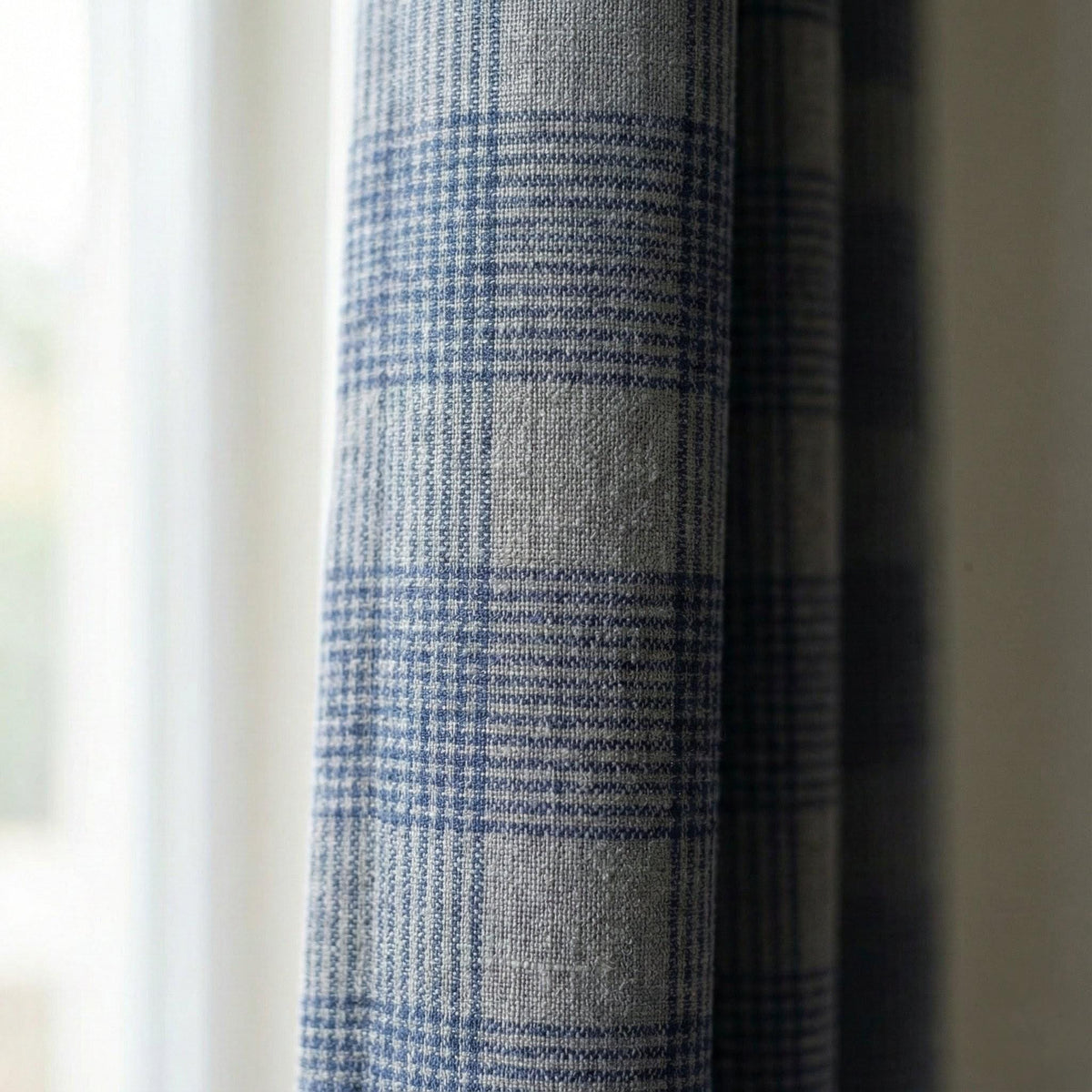 Navy Blue & Grey Plaid Checks Pure Linen Curtains, Farmhouse Window Drapes, Custom Size, Unlined/Cotton Lined/Blackout Option — image 9