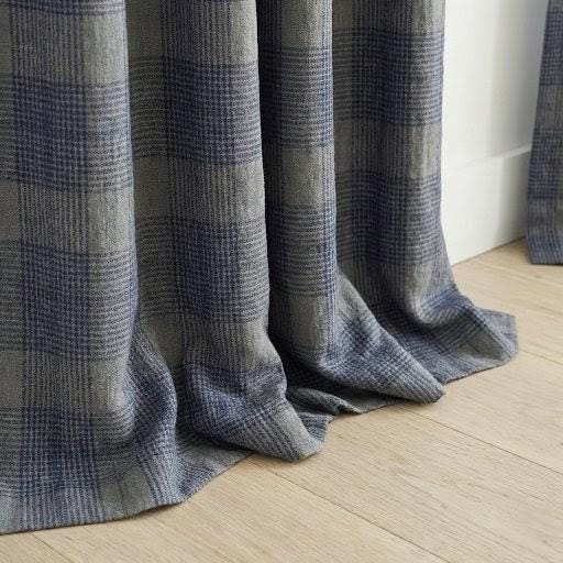 Navy Blue & Grey Plaid Checks Pure Linen Curtains, Farmhouse Window Drapes, Custom Size, Unlined/Cotton Lined/Blackout Option — image 2