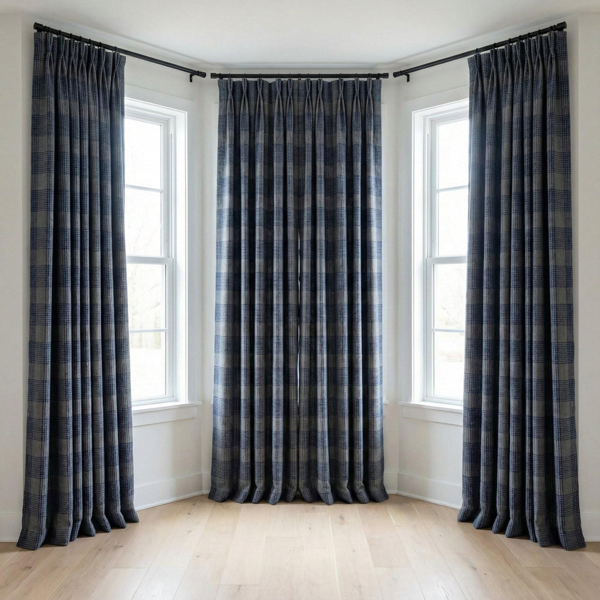 Navy Blue & Grey Plaid Checks Pure Linen Curtains, Farmhouse Window Drapes, Custom Size, Unlined/Cotton Lined/Blackout Option — image 8