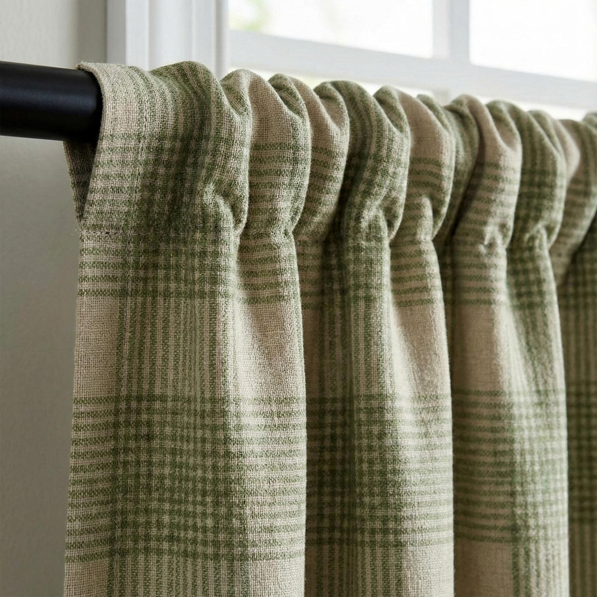 Sage Green Plaid Linen Curtains, Farmhouse Check Drapes, Custom Size, Unlined/Cotton Lined/Blackout Option — image 1