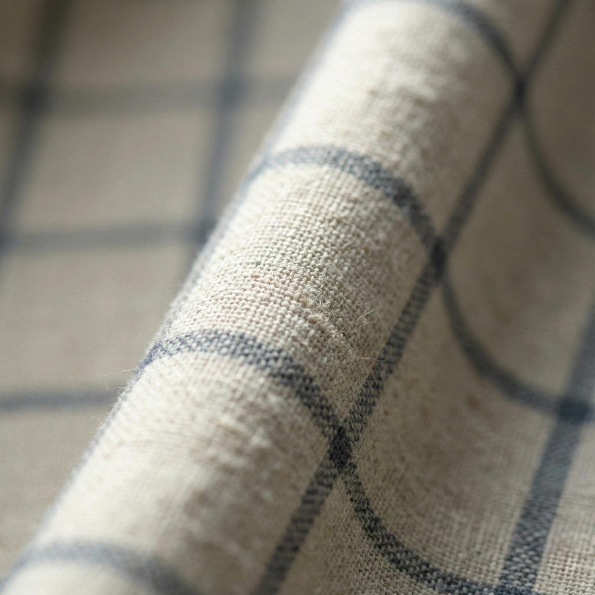 Pinch Pleat Pure Linen Farmhouse Plaid Curtains, Natural Oatmeal + Blue Windowpane Check, Single/Pair, Custom, Lined/Blackout — image 4