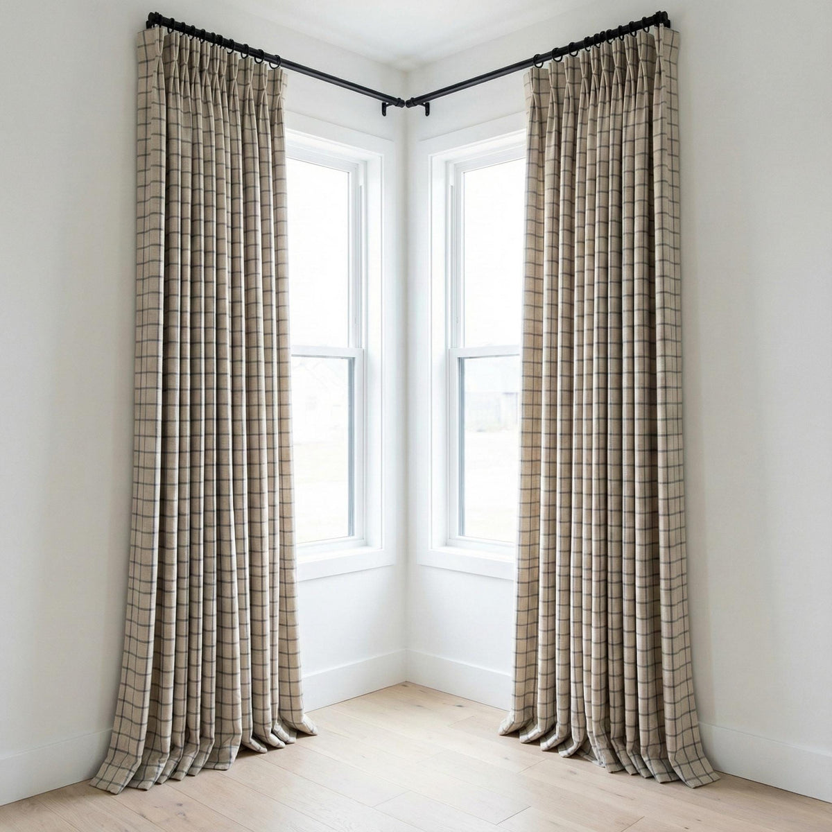Pinch Pleat Pure Linen Farmhouse Plaid Curtains, Natural Oatmeal + Blue Windowpane Check, Single/Pair, Custom, Lined/Blackout — image 7