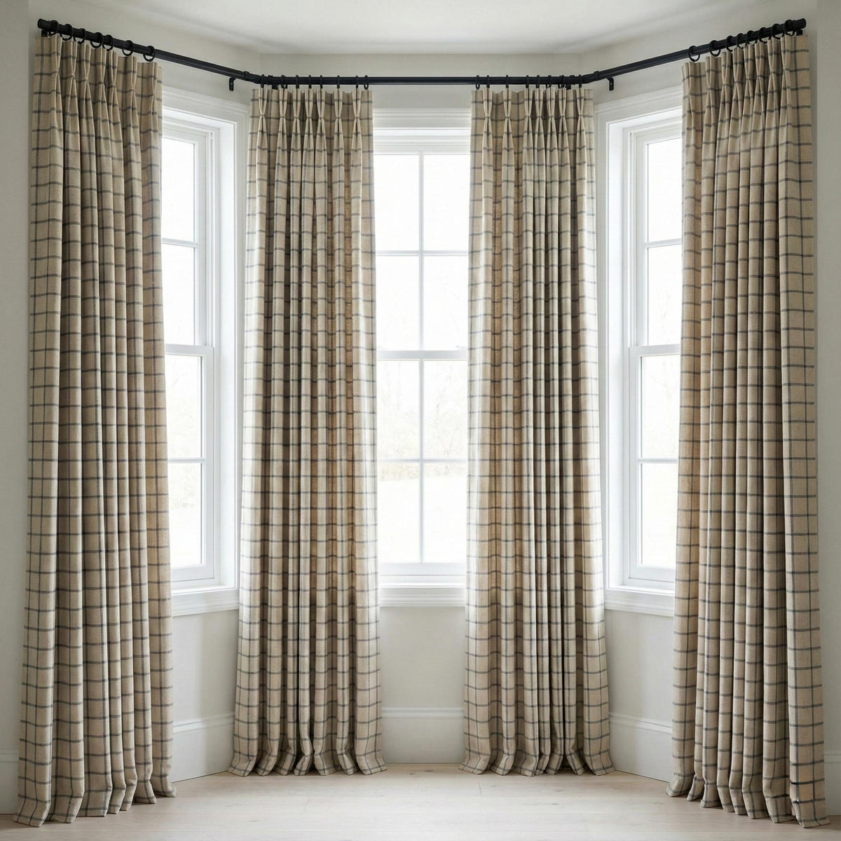 Pinch Pleat Pure Linen Farmhouse Plaid Curtains, Natural Oatmeal + Blue Windowpane Check, Single/Pair, Custom, Lined/Blackout — image 8