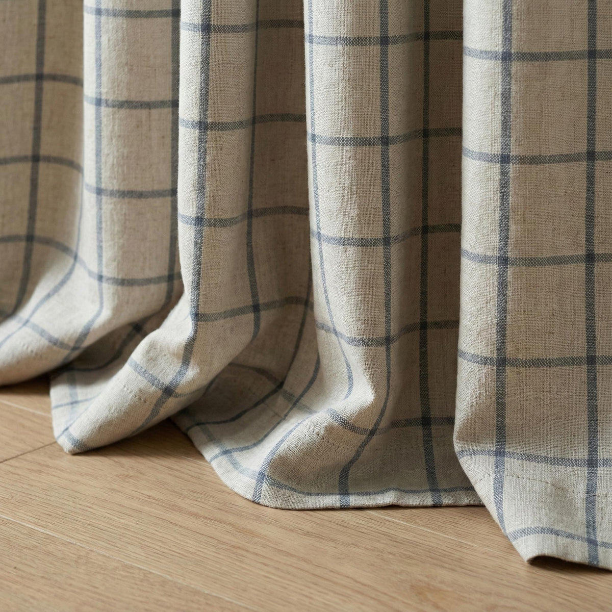 Pinch Pleat Pure Linen Farmhouse Plaid Curtains, Natural Oatmeal + Blue Windowpane Check, Single/Pair, Custom, Lined/Blackout — image 3