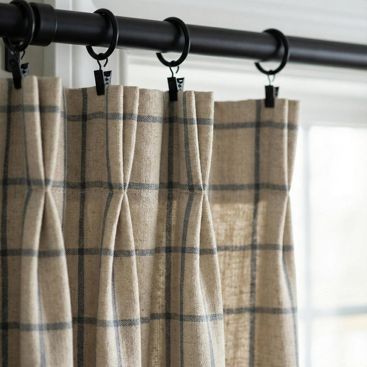 Pinch Pleat Pure Linen Farmhouse Plaid Curtains, Natural Oatmeal + Blue Windowpane Check, Single/Pair, Custom, Lined/Blackout — image 1