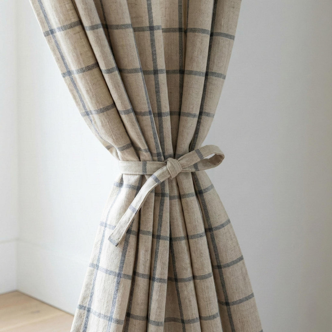 Pinch Pleat Pure Linen Farmhouse Plaid Curtains, Natural Oatmeal + Blue Windowpane Check, Single/Pair, Custom, Lined/Blackout — image 1