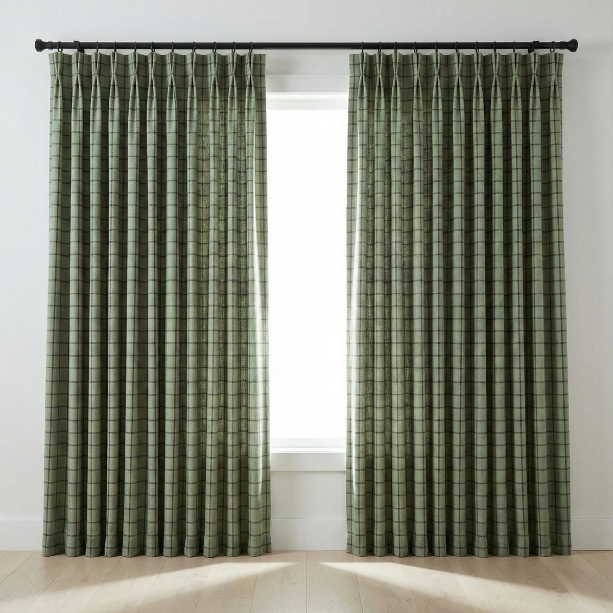 Sage Green Linen Plaid Pinch Pleat Curtains, Farmhouse Windowpane Check, Single/Pair, Custom Size, Lined or Blackout — image 7