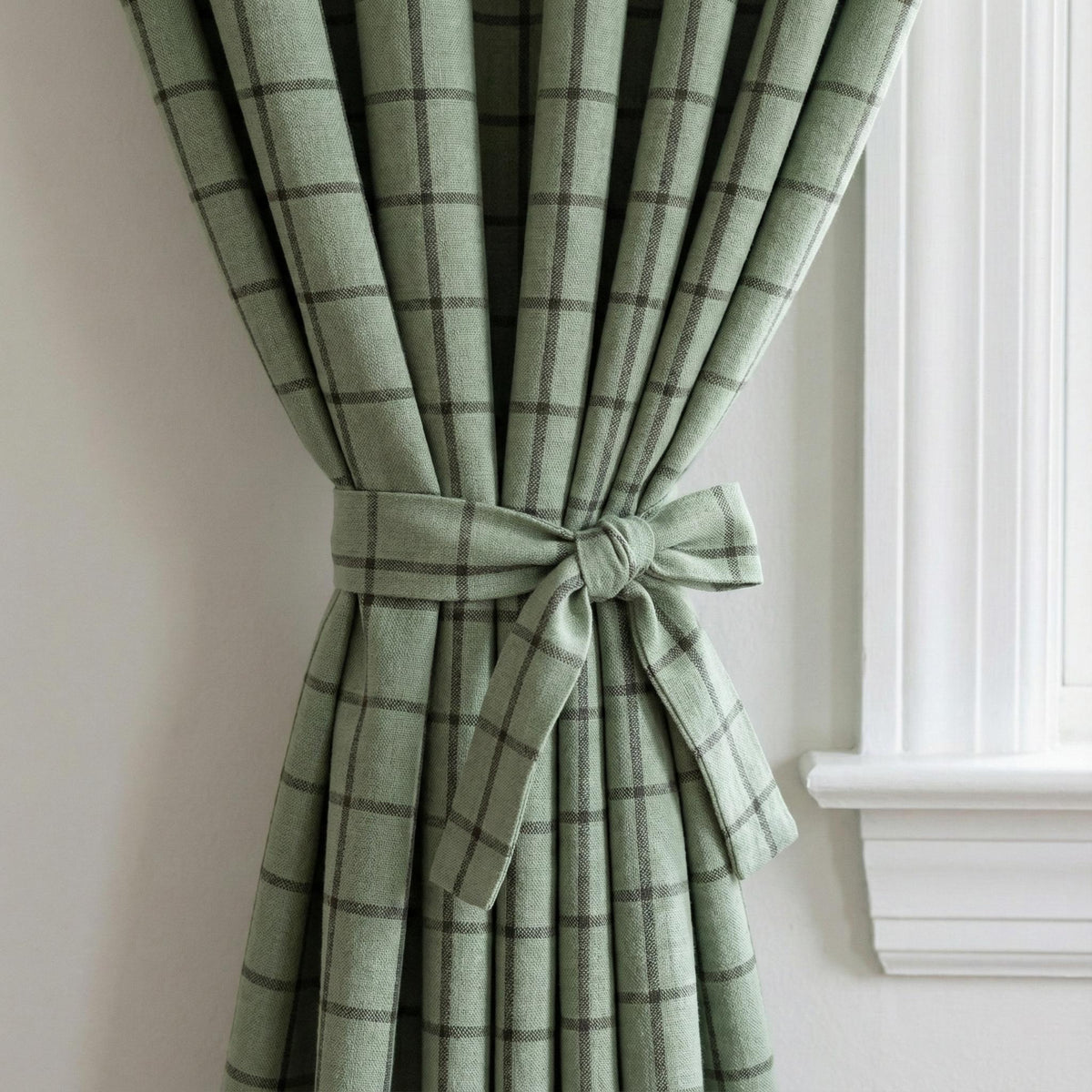 Sage Green Linen Plaid Pinch Pleat Curtains, Farmhouse Windowpane Check, Single/Pair, Custom Size, Lined or Blackout — image 2