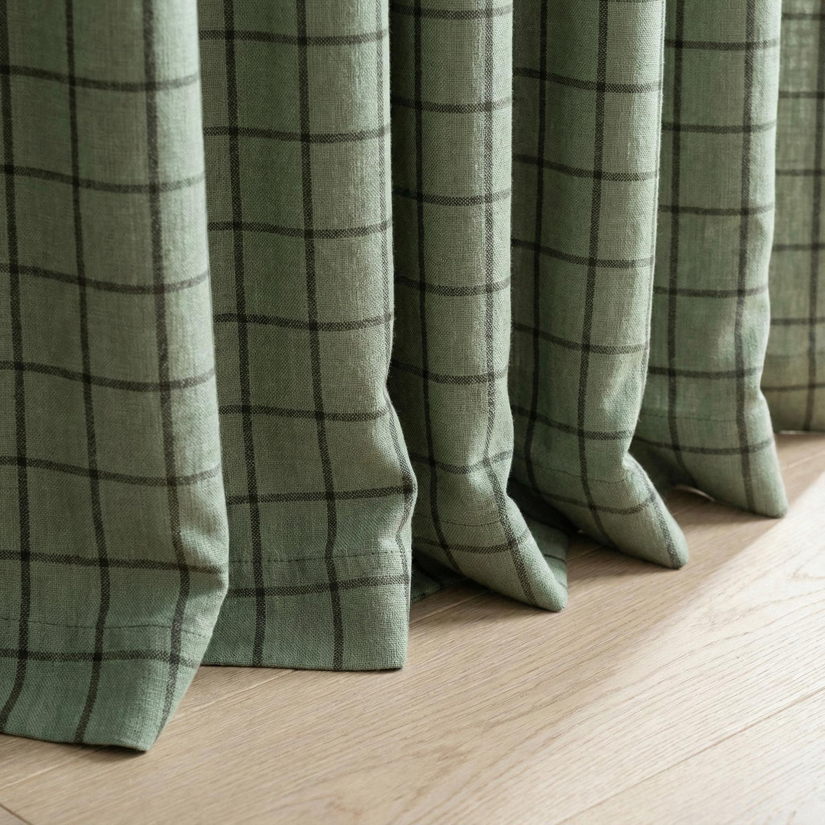 Sage Green Linen Plaid Pinch Pleat Curtains, Farmhouse Windowpane Check, Single/Pair, Custom Size, Lined or Blackout — image 3