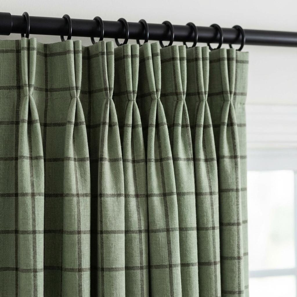 Sage Green Linen Plaid Pinch Pleat Curtains, Farmhouse Windowpane Check, Single/Pair, Custom Size, Lined or Blackout — image 1