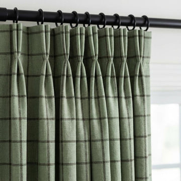 Sage Green Linen Plaid Pinch Pleat Curtains, Farmhouse Windowpane Check, Single/Pair, Custom Size, Lined or Blackout — image 1