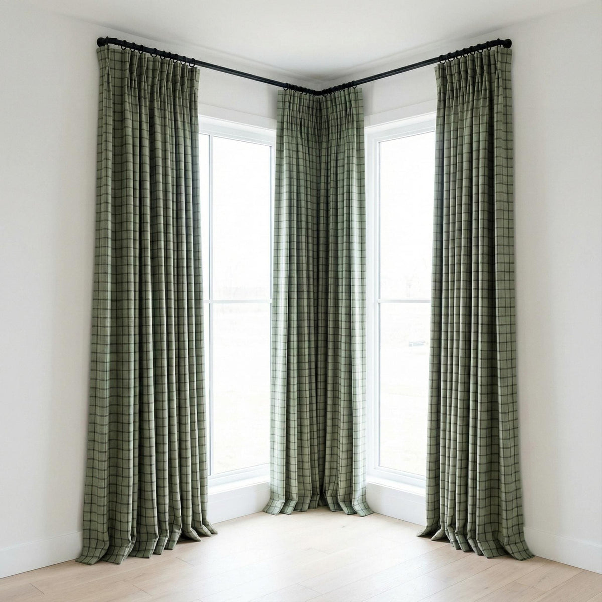 Sage Green Linen Plaid Pinch Pleat Curtains, Farmhouse Windowpane Check, Single/Pair, Custom Size, Lined or Blackout — image 8