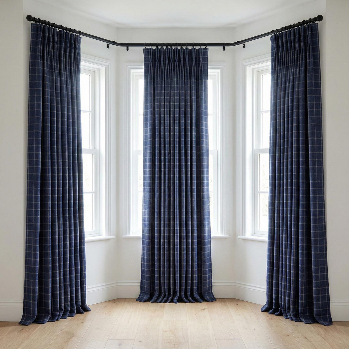 Navy Blue Linen Plaid Pinch Pleat Curtains, Farmhouse Windowpane Check, Single/Pair, Custom Size, Lined or Blackout — image 6