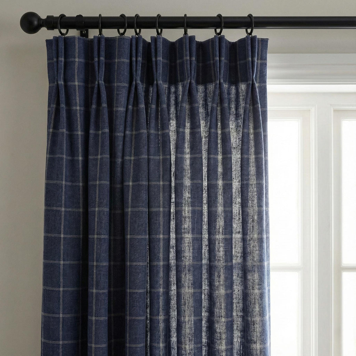 Navy Blue Linen Plaid Pinch Pleat Curtains, Farmhouse Windowpane Check, Single/Pair, Custom Size, Lined or Blackout — image 8