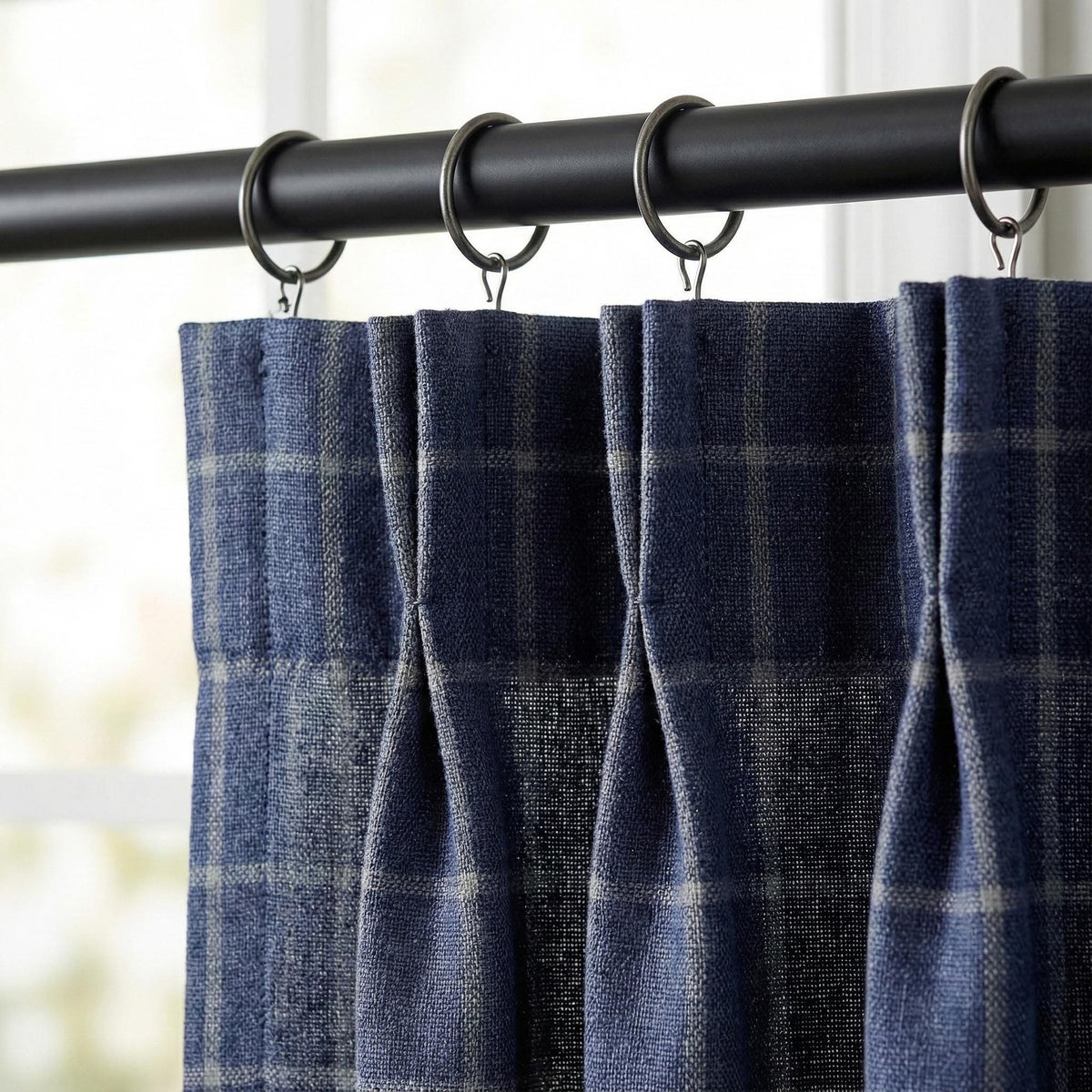 Navy Blue Linen Plaid Pinch Pleat Curtains, Farmhouse Windowpane Check, Single/Pair, Custom Size, Lined or Blackout — image 5