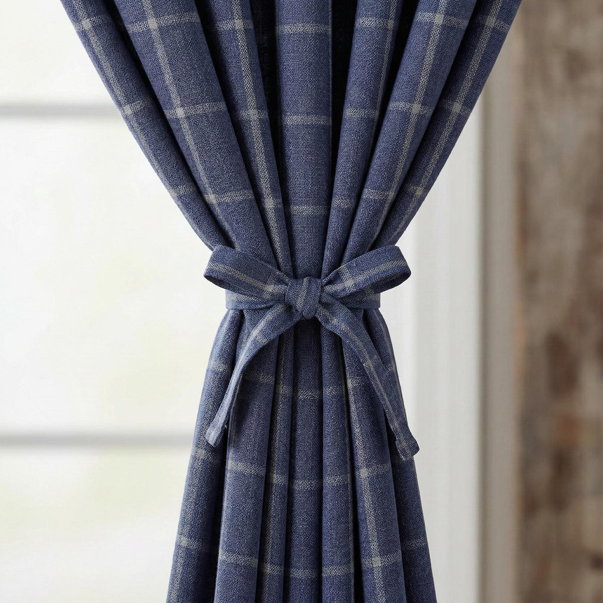 Navy Blue Linen Plaid Pinch Pleat Curtains, Farmhouse Windowpane Check, Single/Pair, Custom Size, Lined or Blackout — image 3