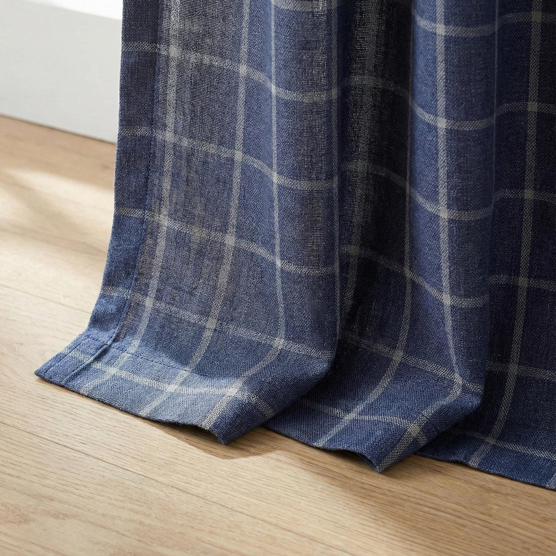 Navy Blue Linen Plaid Pinch Pleat Curtains, Farmhouse Windowpane Check, Single/Pair, Custom Size, Lined or Blackout — image 1