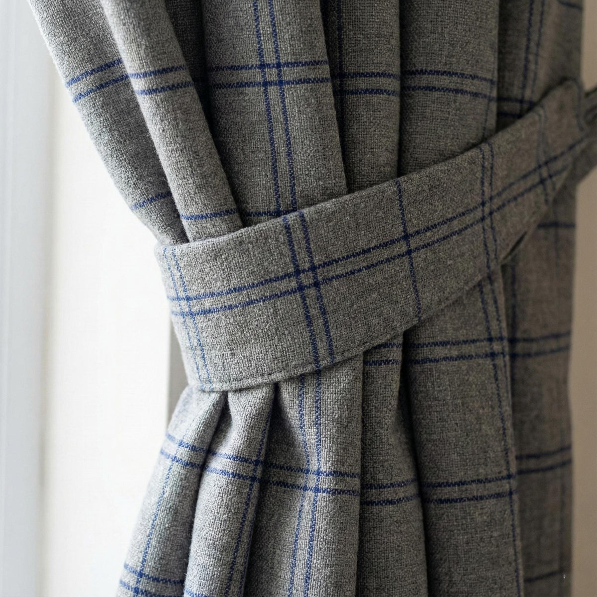 Grey Linen Curtains with Blue Windowpane Plaid, Farmhouse Drapes, Custom Size, Unlined/Cotton Lined/Blackout Option — image 4