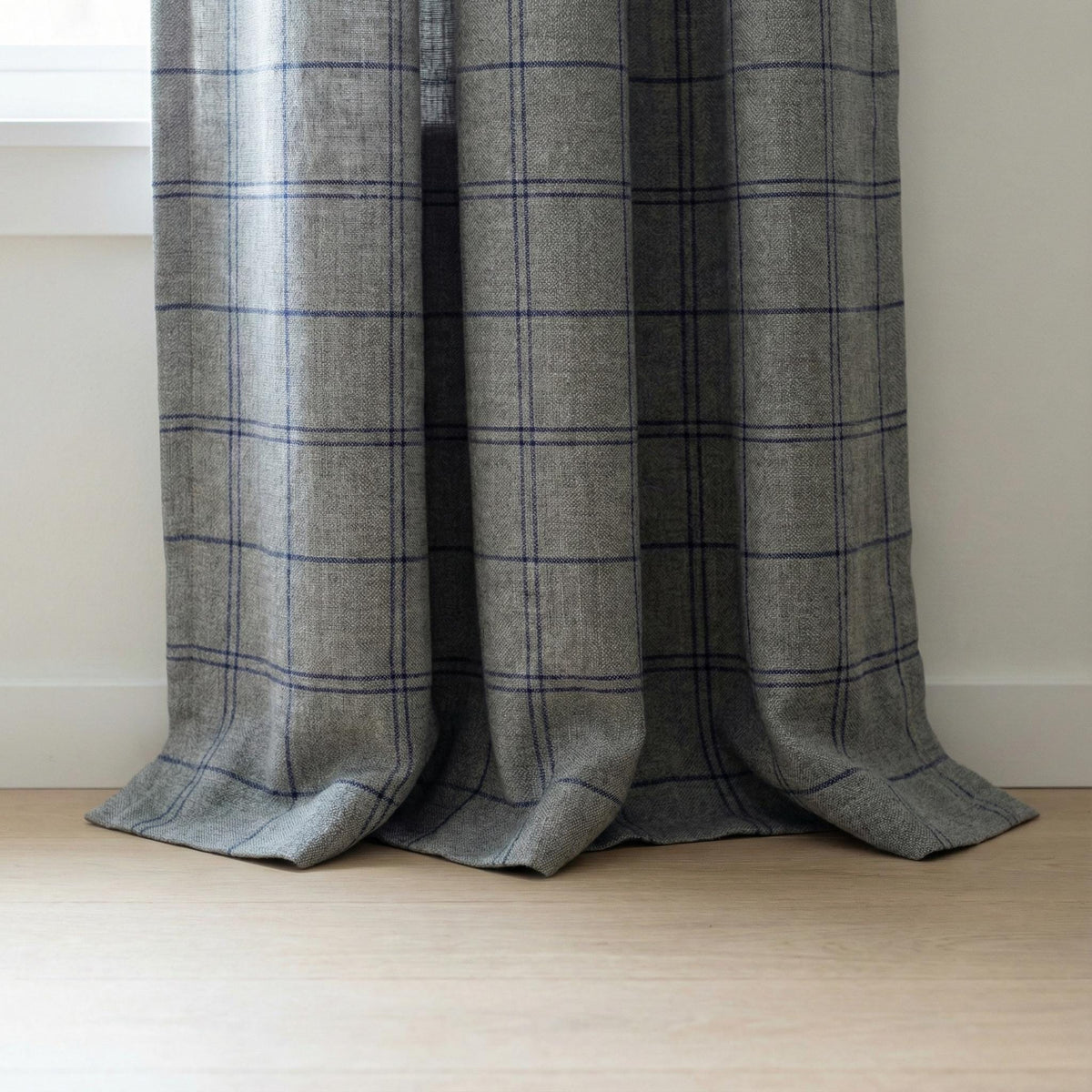 Grey Linen Curtains with Blue Windowpane Plaid, Farmhouse Drapes, Custom Size, Unlined/Cotton Lined/Blackout Option — image 3