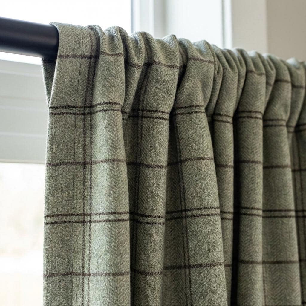 Sage Green Windowpane Linen Curtains, Herringbone Check Drapes, Custom Size, Unlined/Cotton/Blackout Lined — image 1