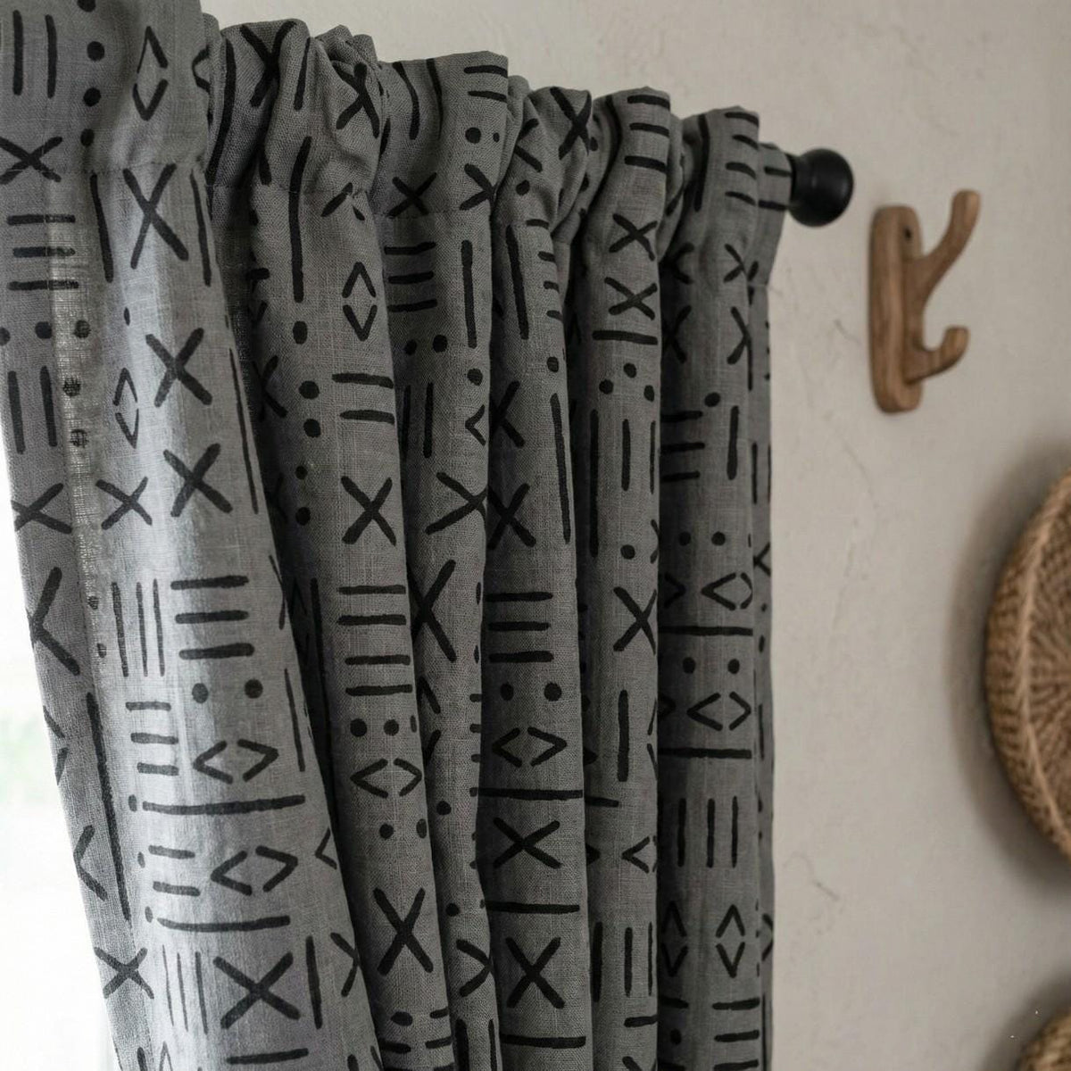 Charcoal Gray Linen Curtains, Black Tribal Mudcloth Print, Custom Size — image 7