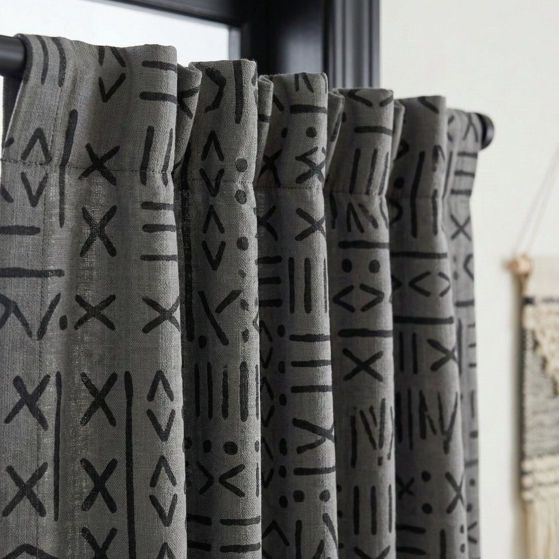 Charcoal Gray Linen Curtains, Black Tribal Mudcloth Print, Custom Size — image 1