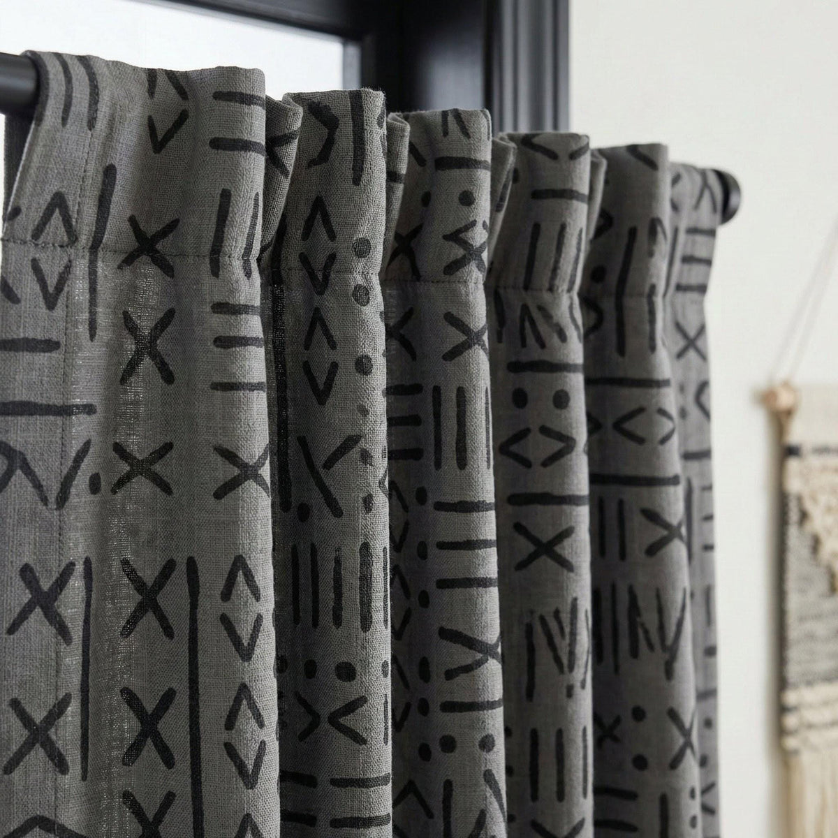 Charcoal Gray Linen Curtains, Black Tribal Mudcloth Print, Custom Size — image 2