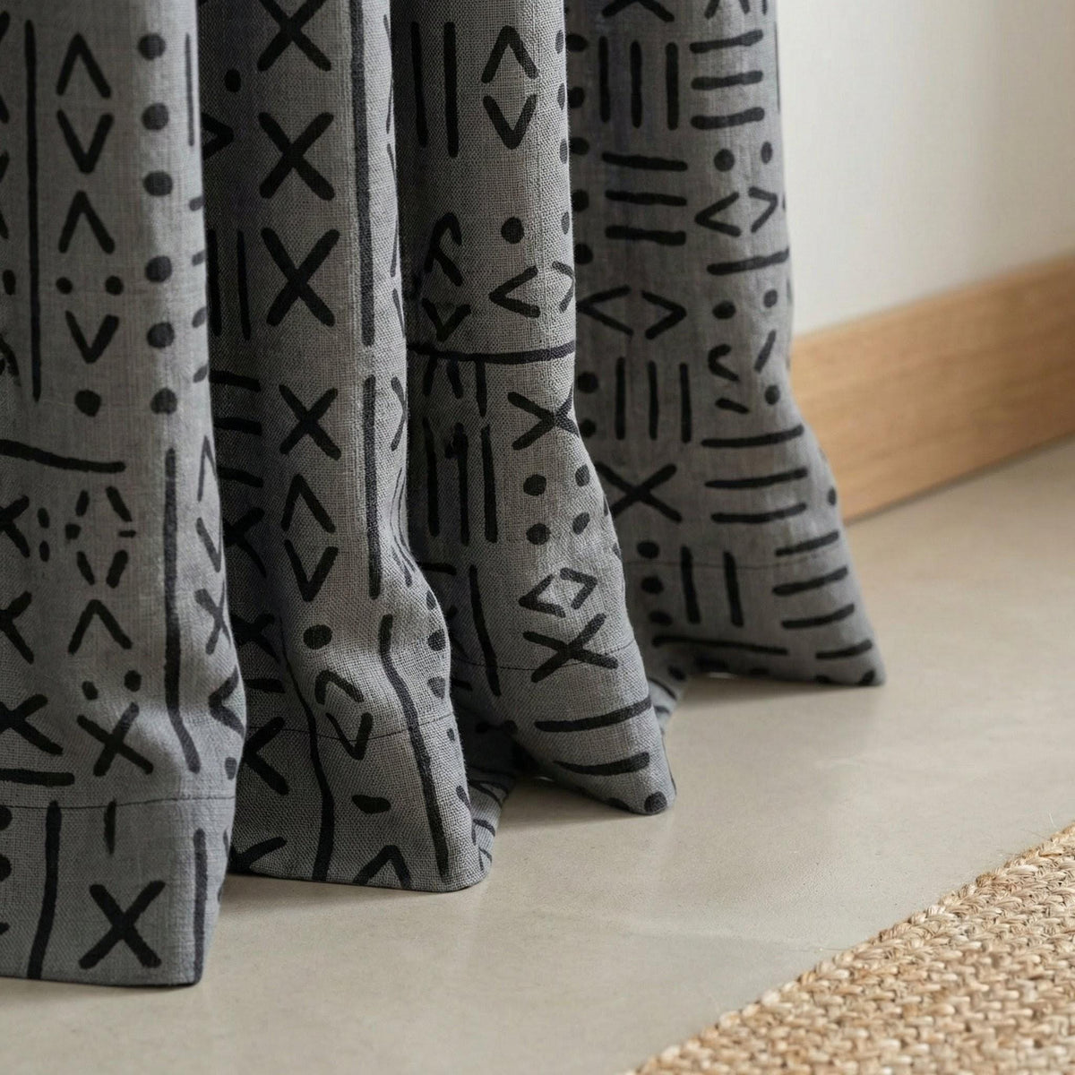 Charcoal Gray Linen Curtains, Black Tribal Mudcloth Print, Custom Size — image 6