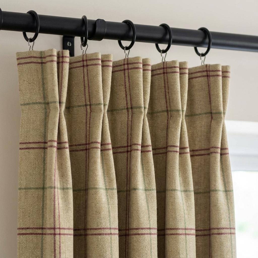 Beige Windowpane Linen Curtains, Burgundy & Sage Plaid Drapes, Farmhouse Panels, Custom Size, Unlined/Cotton/Blackout — image 2