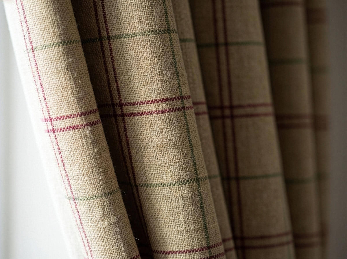 Beige Windowpane Linen Curtains, Burgundy & Sage Plaid Drapes, Farmhouse Panels, Custom Size, Unlined/Cotton/Blackout — image 4