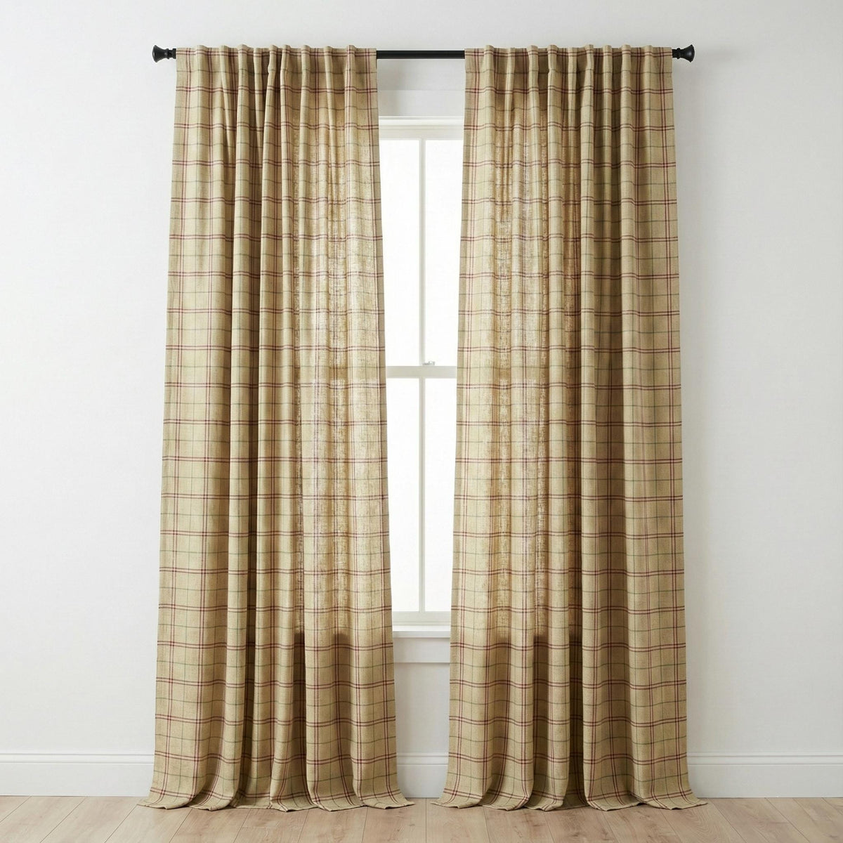 Beige Windowpane Linen Curtains, Burgundy & Sage Plaid Drapes, Farmhouse Panels, Custom Size, Unlined/Cotton/Blackout — image 10