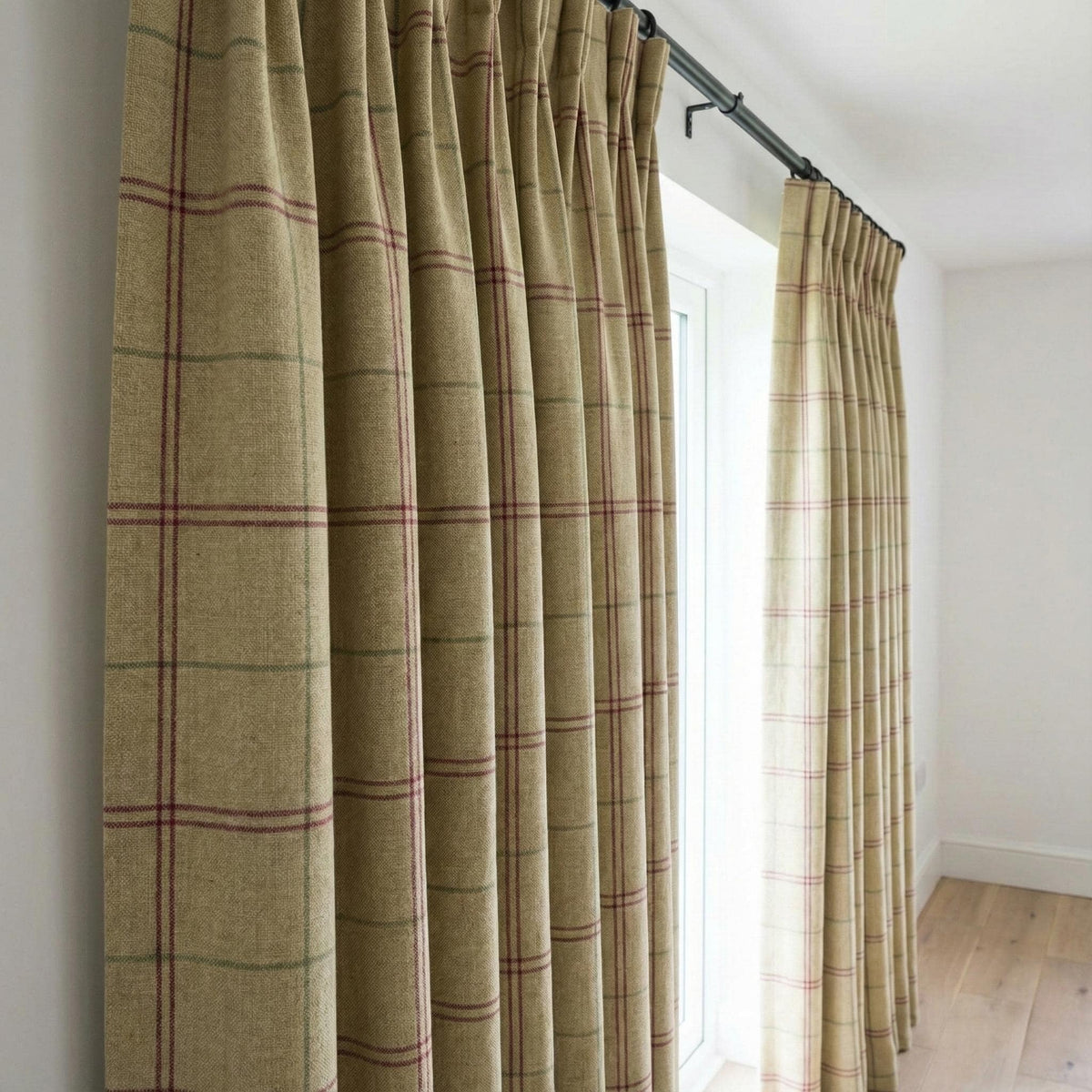 Beige Windowpane Linen Curtains, Burgundy & Sage Plaid Drapes, Farmhouse Panels, Custom Size, Unlined/Cotton/Blackout — image 5